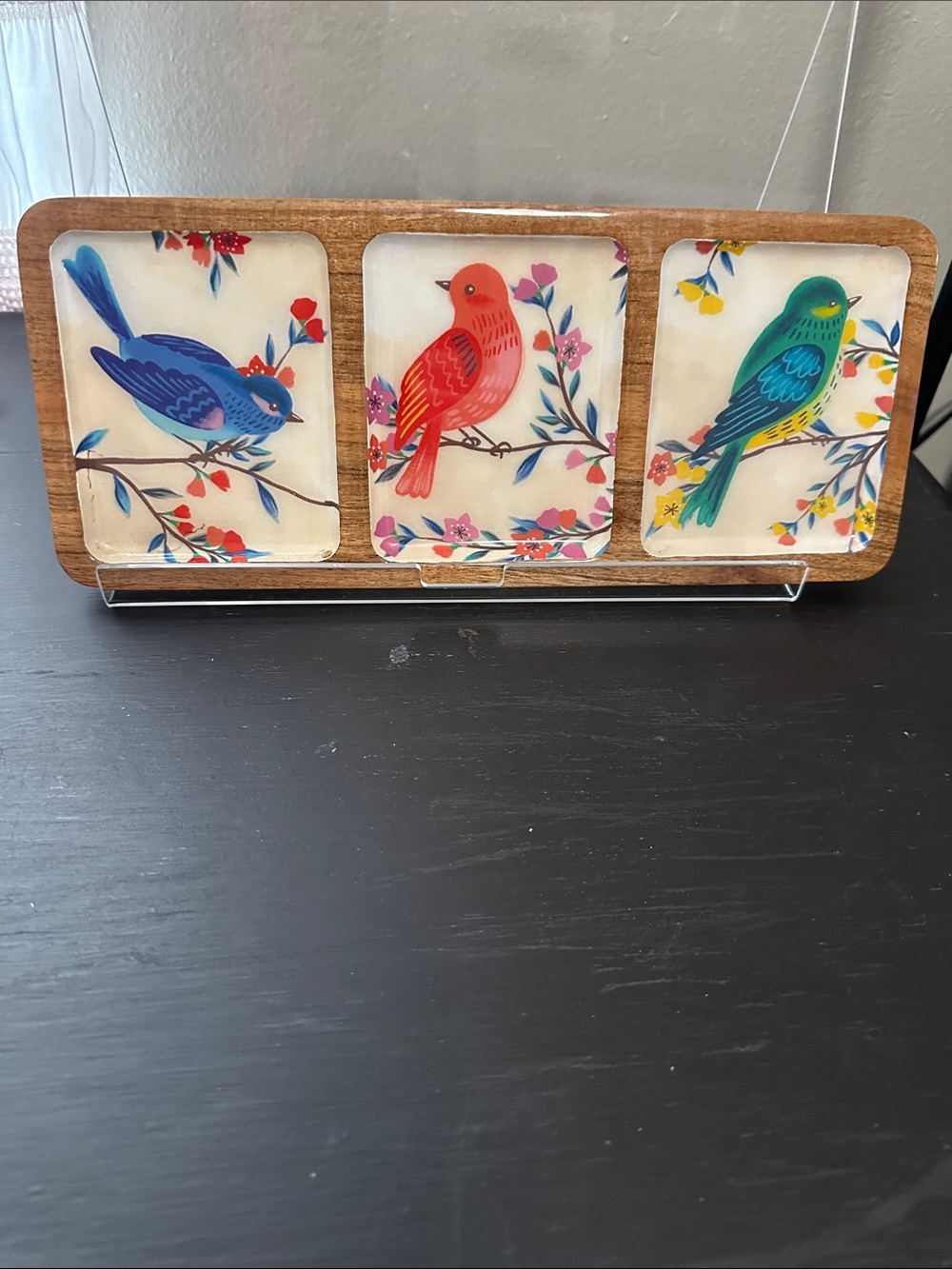 Wooden Three-Panel Bird Serving Tray - Blue, Red, Green Birds NWT